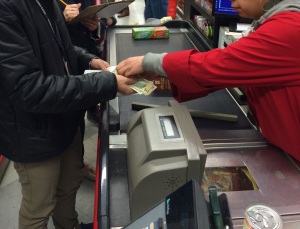 Getting our change and receipt